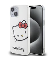 Apple iPhone 15 Uyumlu Kılıf Hello Kitty Orjinal Lisanslı Yazı ve İkonik Logolu Kitty Head Kapak (Beyaz)
