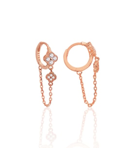Gümüş rose zirkon taşlı zincirli yonca modeli halka küpe SGTL12579ROSE