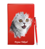 Kişiye Özel Kedi Tasarımlı Kırmızı Defter Kalem Hediye Seti