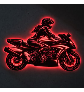 Lucenda LED Işıklı Kadın Motorcu Silüet Tablo Modern Motosiklet Duvar Dekoru (Kırmızı)