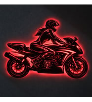 Lucenda LED Işıklı Kadın Motorcu Silüet Tablo Modern Motosiklet Duvar Dekoru (Kırmızı)