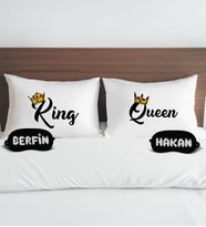 BK Gift Kişiye Özel King&Queen Tasarımlı Pamuklu Yastık Kılıfı ve Göz Bandı Çift Uyku Seti, Tasarım Ev Tekstili, Uyku Bandı, Ev Hediyesi
