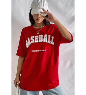 Unisex Baseball Baskılı Oversize Tshirt (Kırmızı)