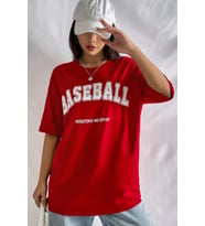 Unisex Baseball Baskılı Oversize Tshirt (Kırmızı)