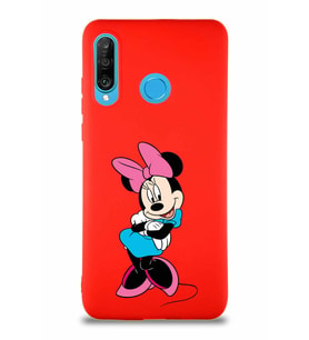 Huawei P30 Lite Soft Premier Kapak Minnie Mouse-D Tasarımlı Silikon Kılıf - Kırmızı (Şeffaf)