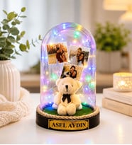 Kişiye Özel 3 Fotoğraflı ve Yazılı Renkli LED Işıklı Fanus Romantik Anlamlı Hediye (peluş ayıcıklı)