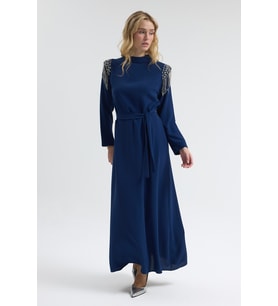 Omuz Taş Detaylı Elbise - Indigo
