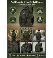 Komando Sırt Çantası Yeşil Kamuflaj 3 Gözlü Kamp ve Outdoor 46x32x18 cm