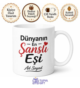 Dünyanın En Şanslı Eşi Esprili Baskılı Kahve Kupası Hediye Bardak