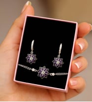 925 Ayar Gümüş Mor Lotus Çiçeği Kadın Küpe & Mor Lotus Kadın Bileklik Takı Seti