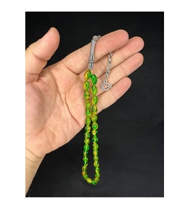 SEVGİLİYE ÖZEL HEDİYE TOZ KEHRİBAR TESBİH YEŞİL RENKLİ BEYZİ KESİM 11MMX7MM H-1669.