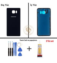 Samsung Galaxy S6 Edge Siyah Renk Arka Kapak + Tamir Seti + B7000 Yapıştırıcı Arka Cam Batarya Kapağı Pil Kapağı Lazer Kesim Back Cover Galaxy S6 Edge Uyumlu