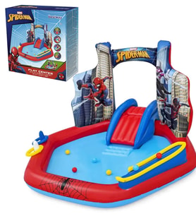 Bestway 98793 Lisanslı Spiderman Temalı Kaydıraklı Fıskiyeli AquaPark Şişme Eğlence Havuzu, 211x206x127cm (Mavi)
