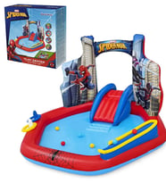 Bestway 98793 Lisanslı Spiderman Temalı Kaydıraklı Fıskiyeli AquaPark Şişme Eğlence Havuzu, 211x206x127cm (Mavi)