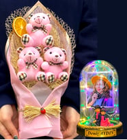 Kişiye Özel Renkli Led Işıklı Fanus ve Büyük Boy Pembe Ayıcık Buketi (Model 7)