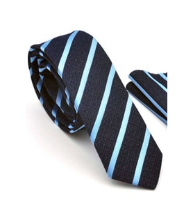 Mavi Verev Çizgili Lacivert Dokuma Kumaş Mendilli Slim Fit Kravat  / SDK-220702 (Renksiz)
