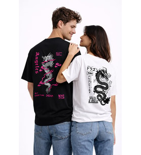 Sevgili Kombini Dragon Baskılı Çift Tişört Oversize Unisex Street Partner Kombin Seti (Siyah)