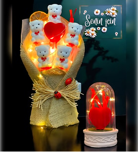 Premium Hediye Seti  Led Işıklı Kırmızı Kalpli Fanus ve Led Işıklı Ayıcık Buketi