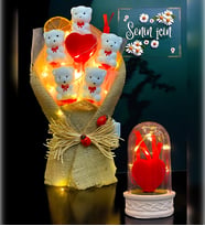 Premium Hediye Seti  Led Işıklı Kırmızı Kalpli Fanus ve Led Işıklı Ayıcık Buketi