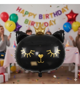 30 İnç Siyah Kedi Kafası Taçlı Folyo Balon - Doğum Günü Parti Dekorasyon Balonu