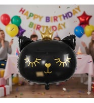 30 İnç Siyah Kedi Kafası Taçlı Folyo Balon - Doğum Günü Parti Dekorasyon Balonu