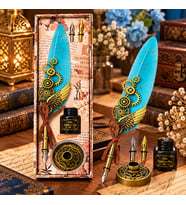 Tüy Divit Kalem Seti Mürekkepli Metal Standlı Steampunk Dişli Dekoratif Hediyelik
