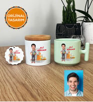 Kişiye Özel Karikatürlü İnşaat Mühendisi Hediye Seti Pastel T Kupa, Kalemlik, Anahtarlık Erkek İnşaat Mühendisine Mühendisler Günü Hediyesi (Yeşil)