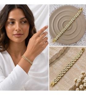 Premium Parlak ve Şık Çift Sıra Taşlı Gold Renk 316L Çelik Kadın Bileklik (20cm)