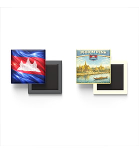 Buzdolap Magnetleri - Kamboçya Bayrağı ve Phnom Penh Retro Tema - 2'li Set Magneti