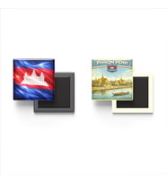 Buzdolap Magnetleri - Kamboçya Bayrağı ve Phnom Penh Retro Tema - 2'li Set Magneti