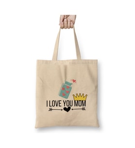 I Love You Mom Anneler Günü Anneye Hediye Beyaz Bez Çanta Uzun Saplı Alışveriş Çantası Plaj Çantası