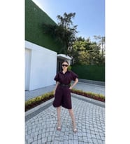 Yakalı Gömlek Kemerli Şortlu Takım - Bordo
