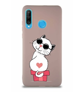 Huawei P30 Lite Soft Premier Kapak Coolcat Tasarımlı Silikon Kılıf - Pudra (Şeffaf)