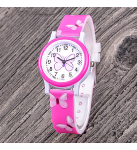 4-12 Yaş Pembe Desenli Kordon Mor Kelebek Kadran Çocuk Kol Saat Analog ST-304336