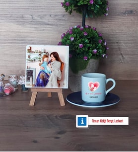 Anneler Günü Hediyesi Fotoğraflı Dekoratif Taş, Ahşap Altlıklı Türk Kahvesi Fincanı Hediye (Model 4)