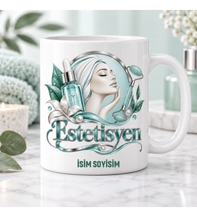 Estetisyen Kupa Bardak Yüz Çizimi ve Turkuaz Bakım Motifli Tasarım