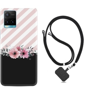 Vivo Y11S Y21S Y20 Y20S Y70 Kılıf Boyun Askılı Silikon Strip Pink Flowers 1396