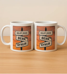 BK Gift Kişiye Aşkın Yol Tabelası Tasarımlı 2'li Beyaz Kupa Bardak-1, Sevgiliye Hediye, Eşe Hediye, Yıldönümü Hediyesi