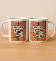BK Gift Kişiye Aşkın Yol Tabelası Tasarımlı 2'li Beyaz Kupa Bardak-1, Sevgiliye Hediye, Eşe Hediye, Yıldönümü Hediyesi