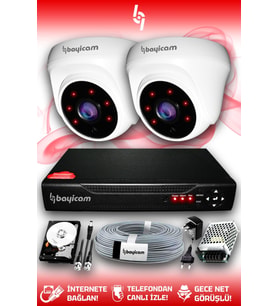 BAYICAM 2 Kameralı Dome 2 İç Kamera Set 1 TB HDD Full HD Gece Görüşlü Güvenlik Kamerası Sistemi