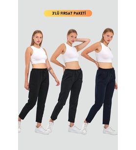 Kadın Siyah-Lacivert-Antrasit Regular Fit Düz Paça Beli Lastikli Bağcıklı 3'Lü Eşofman Altı
