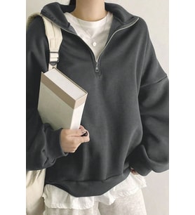 Ghassy Co. Kadın Pamuklu Oversize Silver Yarım Fermuarlı Sweatshirt (Füme)