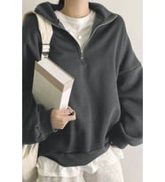 Ghassy Co. Kadın Pamuklu Oversize Silver Yarım Fermuarlı Sweatshirt (Füme)