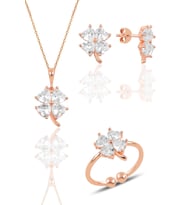 Gümüş rose zirkon taşlı yonca kolye küpe ve yüzük üçlü set SGTL11664BEYAZ