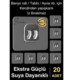 20 Ad. Ekstra Güçlü Kendinden Yapışkanlı İz Bırakmaz Suya Dayanıklı Banyo Rafı Tablo Ayna Askı Kanca