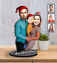 Kişiye Özel Yılbaşı Aile Karikatürlü İki Katmanlı Ahşap Biblo Model-1