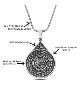 Esmahul Husna Dua İşlemeli Mührü Süleyman 925 Ayar Gümüş Erkek Kolye
