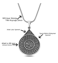Esmahul Husna Dua İşlemeli Mührü Süleyman 925 Ayar Gümüş Erkek Kolye