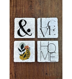 Doğal Taş Bardak Altlığı 4'lü Set - Home - Love Baskılı Doğal Taş Bardak Altı - Stone Coasters