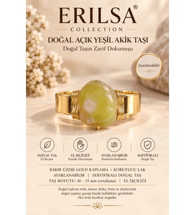 Sertifikalı Açık Yeşil Akik Taşı Doğal Taş Yüzük Gold Kaplama Ayarlanabilir